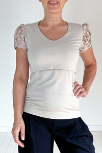 elegantna majica za dojenje s svetlečimi rokavi v krem arvi za posebne priložnosti in dojenje kjerkoli in kadakoli za mamice z dojenčki