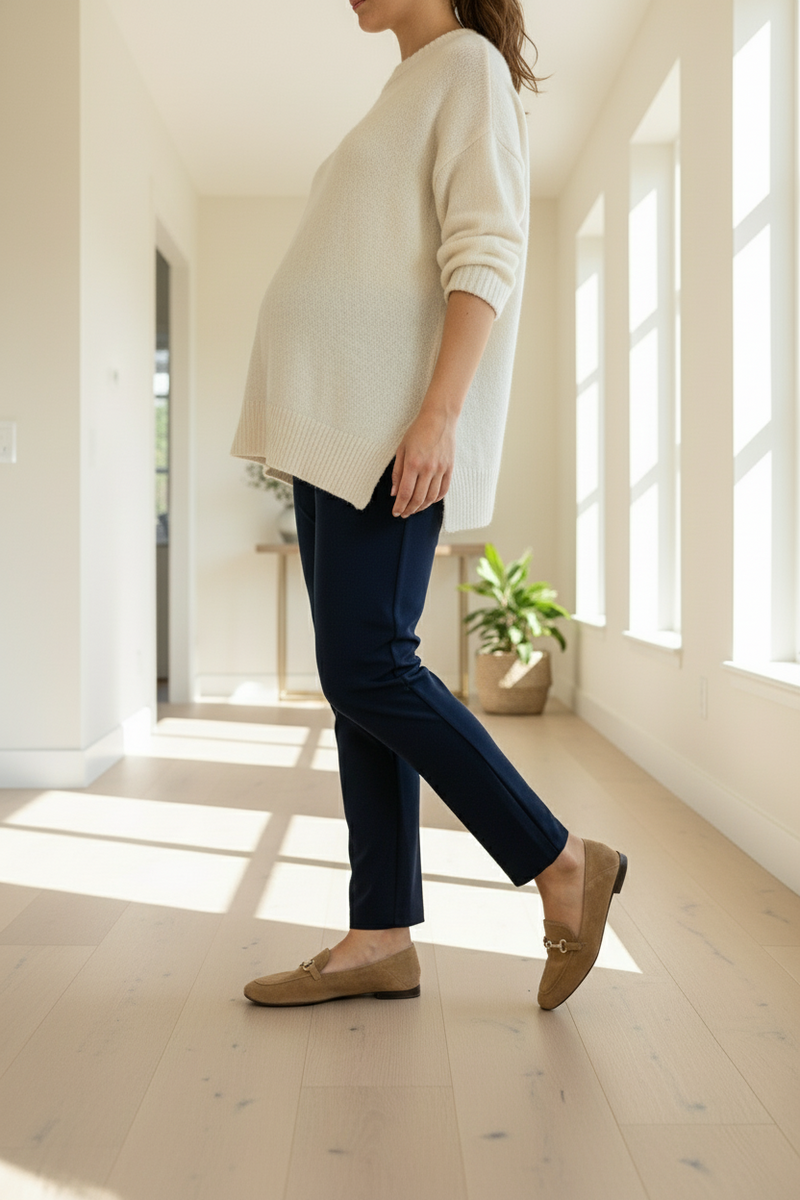 Person wearing a cream sweater and navy pants in a bright room with large windows.