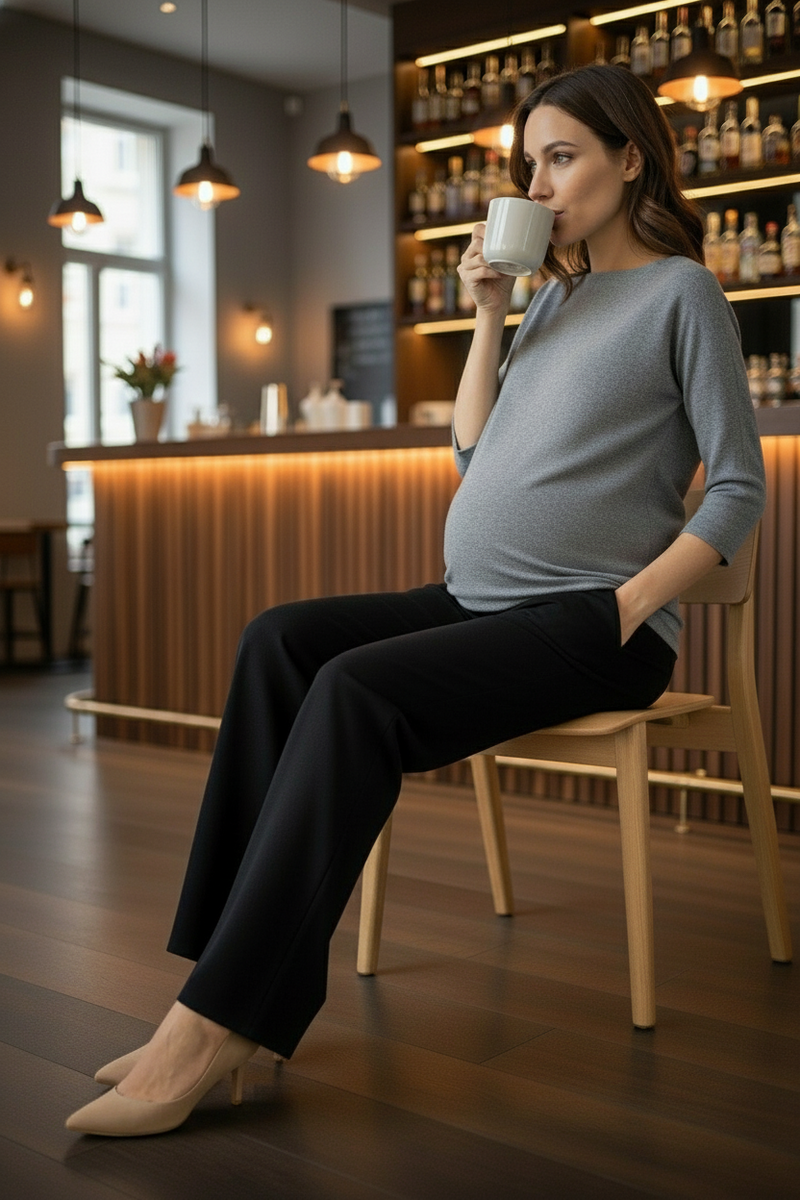 Woman sitting in a cozy cafe holding a cup.