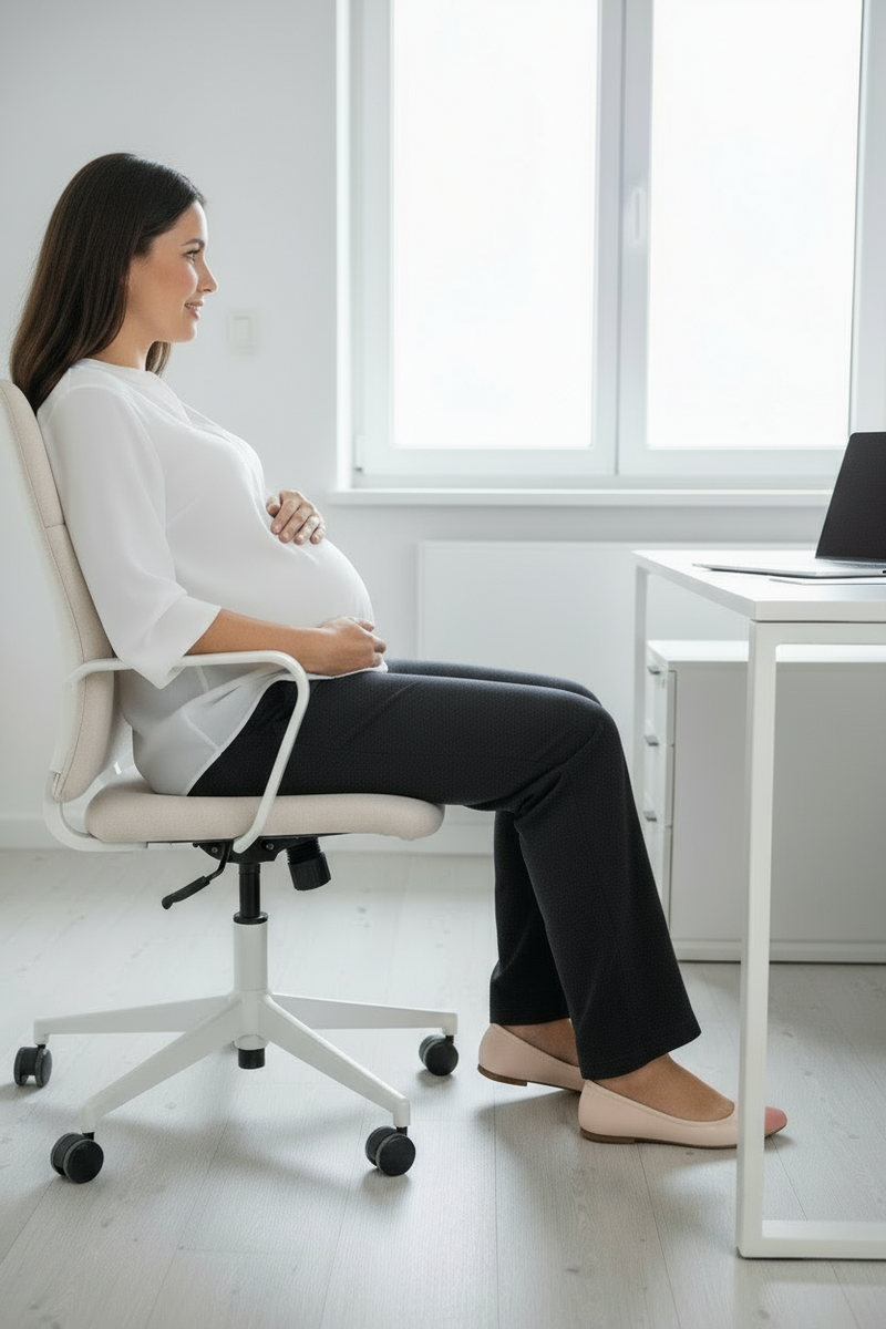 A pregnant woman wearing black sports leggings with a high waist and an elastic waistband, standing against a white background.