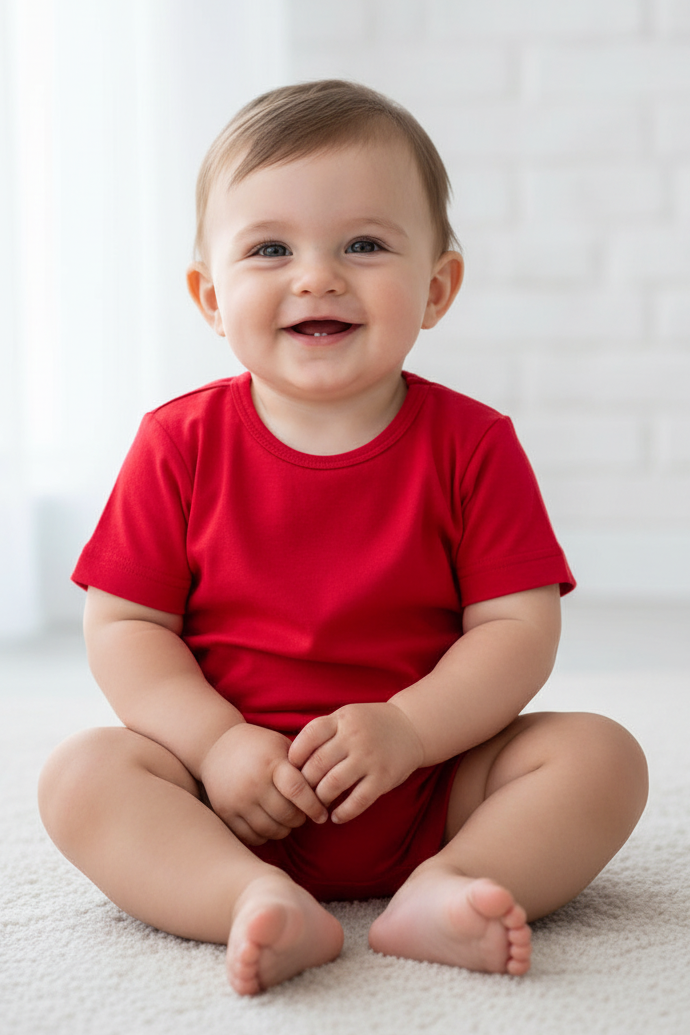 Baby wearing a red shirt sitting on a white floor.